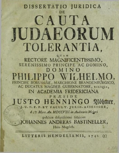 Dissertatio ivridica cauta Iudaeorum tolerantia